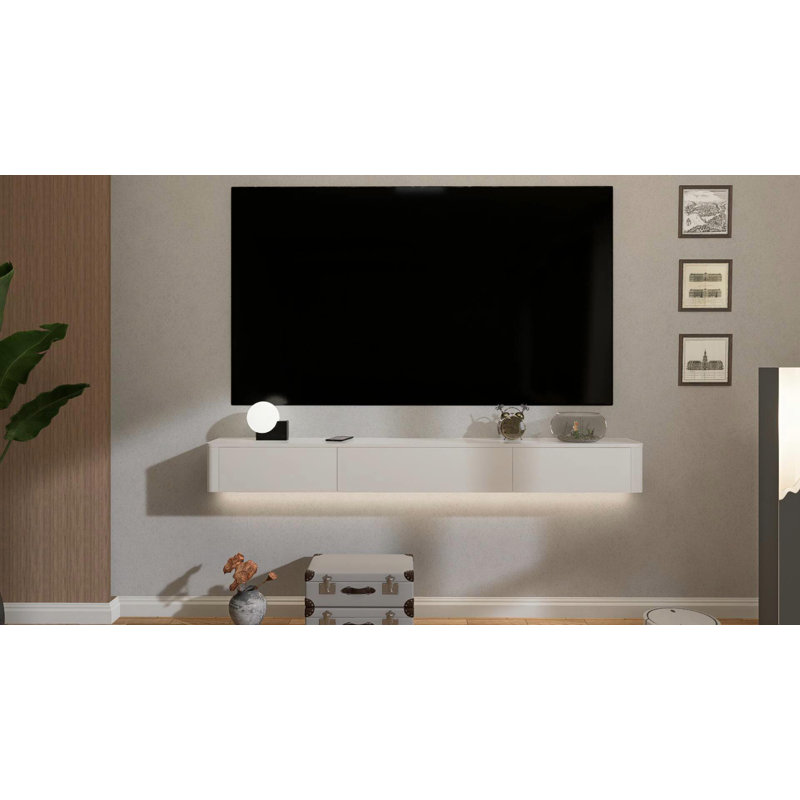 Meuble télé 70 po mural flottant en bois véritable blanc, H 7,9 po x L 70 po x l 9 po, Blanc