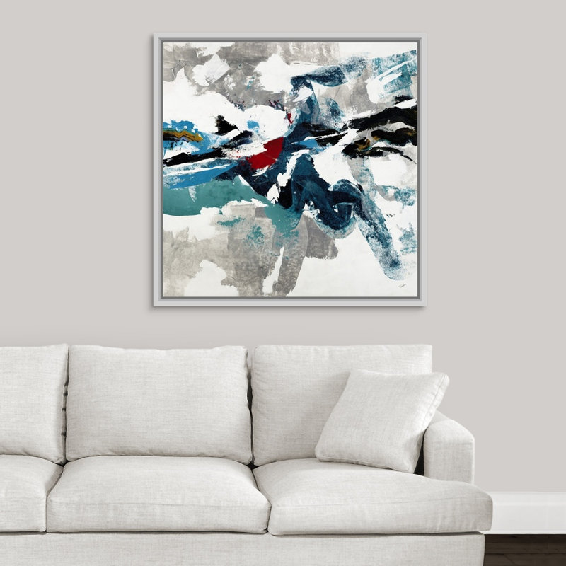 « strong impulsion », peinture sur toile, H 37,7 po x l 37,7 po x P 1,75 po, Cadre flottant blanc