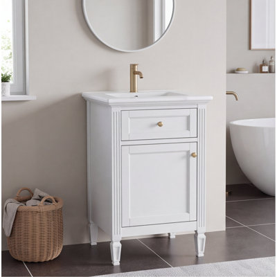Meuble-lavabo blanc de 20 pouces avec lavabo en céramique, pieds en bois massif, tiroir inclinable et boutons en alliage de zinc doré, armoire autoportante moderne pour les petites salles de bain