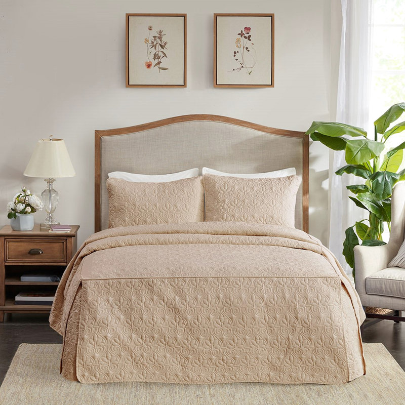 3 Piece Bedspread Khaki Queen - Microfiber, Fill, , Enhances Bedroom Ambiance Split Corner Design, , Maintains Bedding Quality