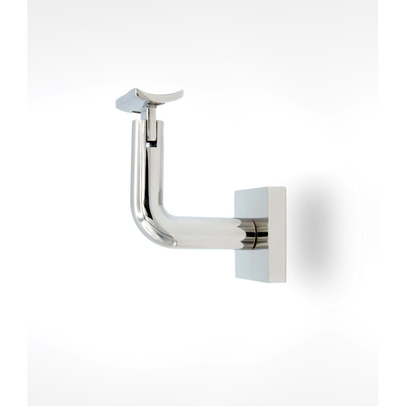 Glass Mount Handrail Bracket with Square Rose and Curved Plate, Polish Stainless Steel