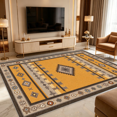 Tapis gris moutarde à motif de losanges centraux pour le salon, doux et confortable, convient à toutes les saisons, facile à entretenir, tapis de sol intérieur lavable à la machine, sous la table de ferme convenant à la chambre à coucher, à la salle à manger, au bureau, au balcon, au patio de décoration intérieure