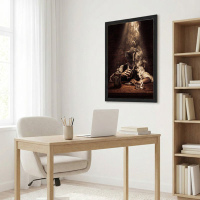 Toile noire encadrée en bois noir pour salon, chambre à coucher, bureau ou vestibule - décoration murale décorative avec homme qui fume