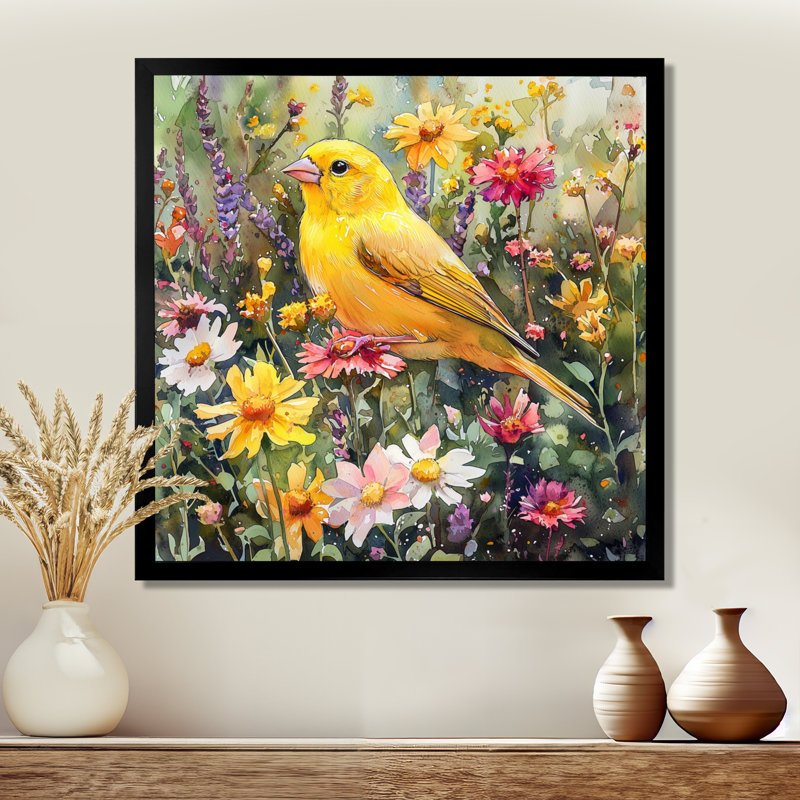 Oiseau pinson dans les fleurs sauvages II - Art mural oiseau, Reproduction encadrée d'une seule photo, Noir, noir, noir, noir
