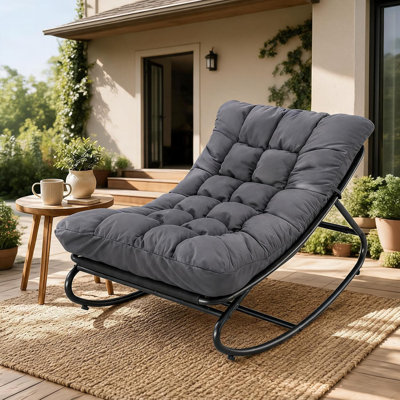 Chaise berçante d'extérieur pour adultes, coussin en tissu Oxford rembourré, structure en fer antirouille, peut supporter 300 lb, résistant aux intempéries pour la cour de jardin, gris foncé