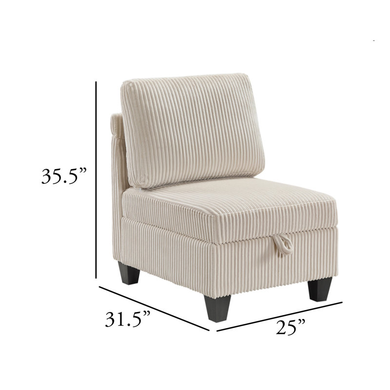Chaise sans accoudoirs avec rangement et siège en velours côtelé beige Wely, Beige