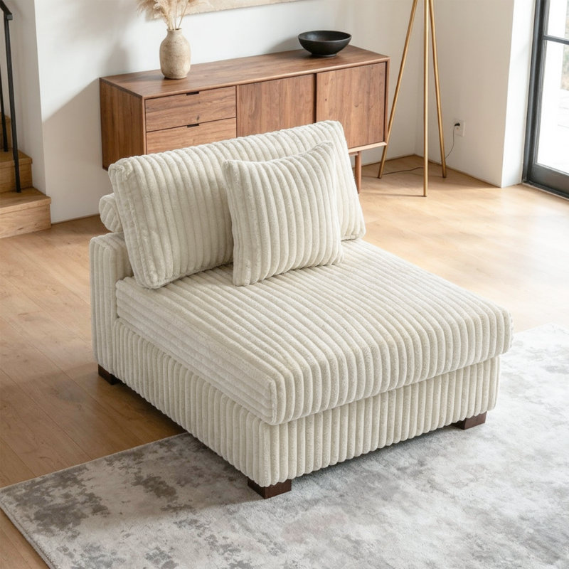 Upholstered White Faux Rabbit Fur Flannel Armless Chair with Pillow Back, Single Chair Module Part For Sectional Sofa, White