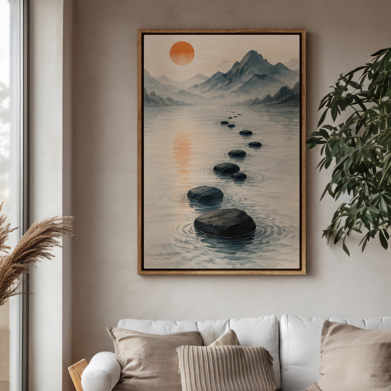 Art mural encadré sur toile - Chemin de pierre zen à travers le lac Misty Mountain au lever du soleil - 16 po x 24 po, 24 po x 36 po