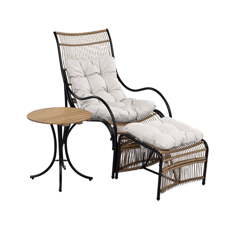 3 Pieces Wicker Outdoor Patio Furniture Set With Lounge Chair, Balcony Chairs Table Set With Cushions, Ottoman, Patio Conversation Sets For Garden ,Deck,And Porch