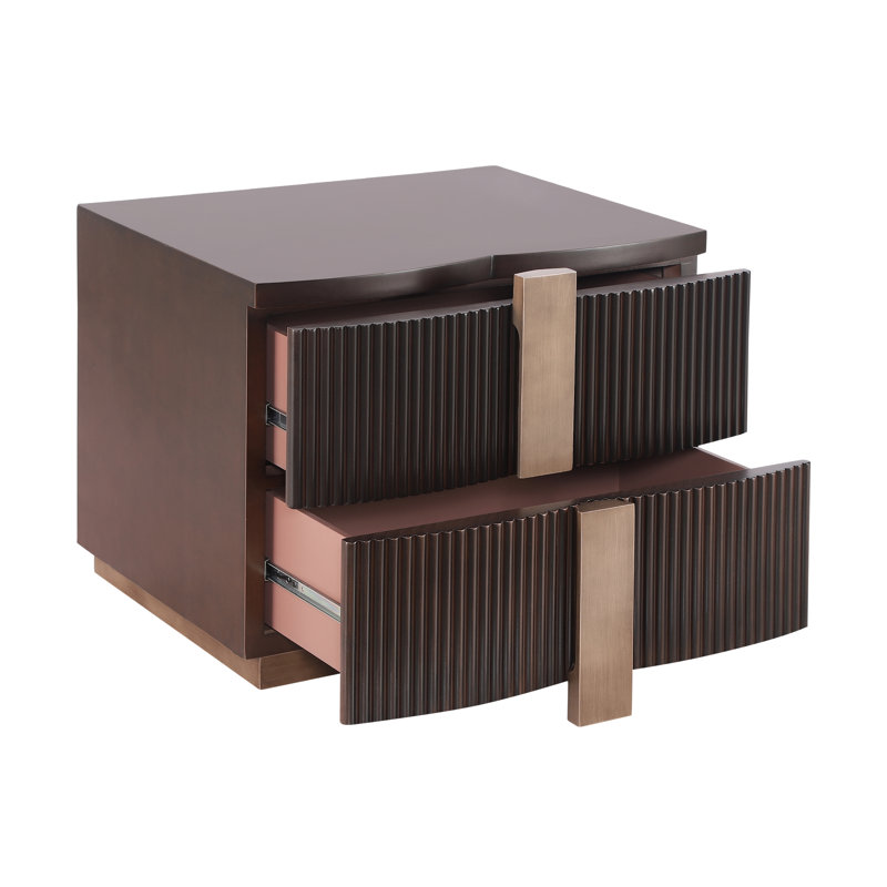 Sunny Mordern Fluted Nightstand with 2 Drawers & Heavy Duty Base, Dark Brown