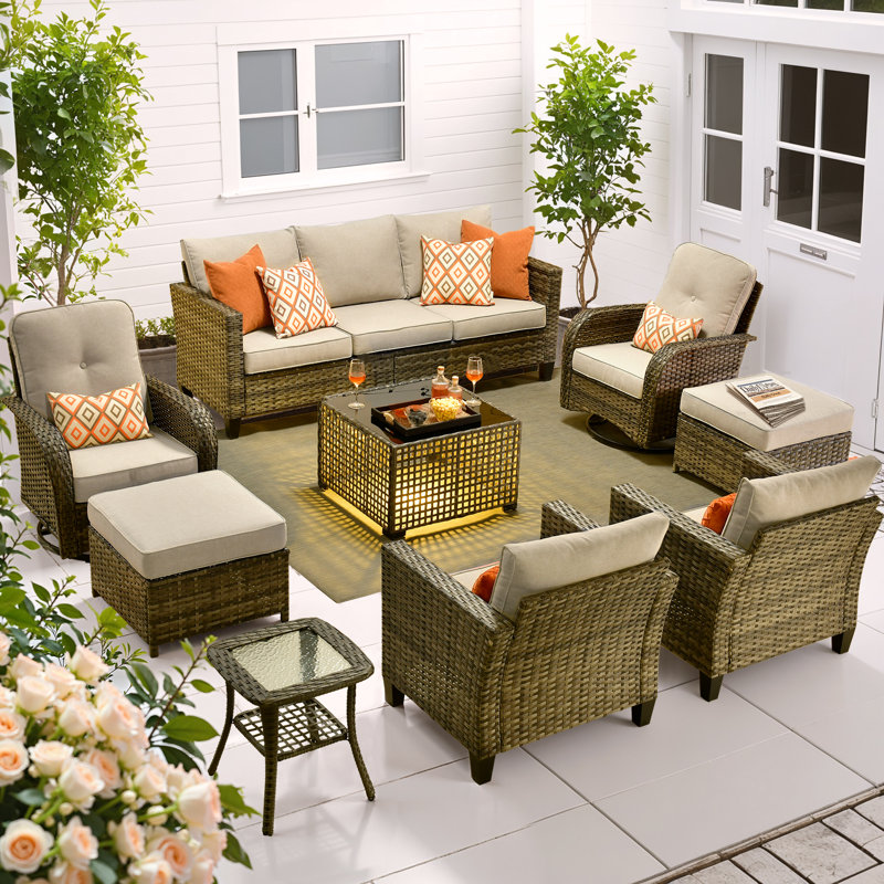 All - Weather Wicker Outdoor Furniture Set, Comfortable 9 - Piece Patio Seating Group with Rotating Chairs, Sofa Illuminated Coffee Table & Ottomans