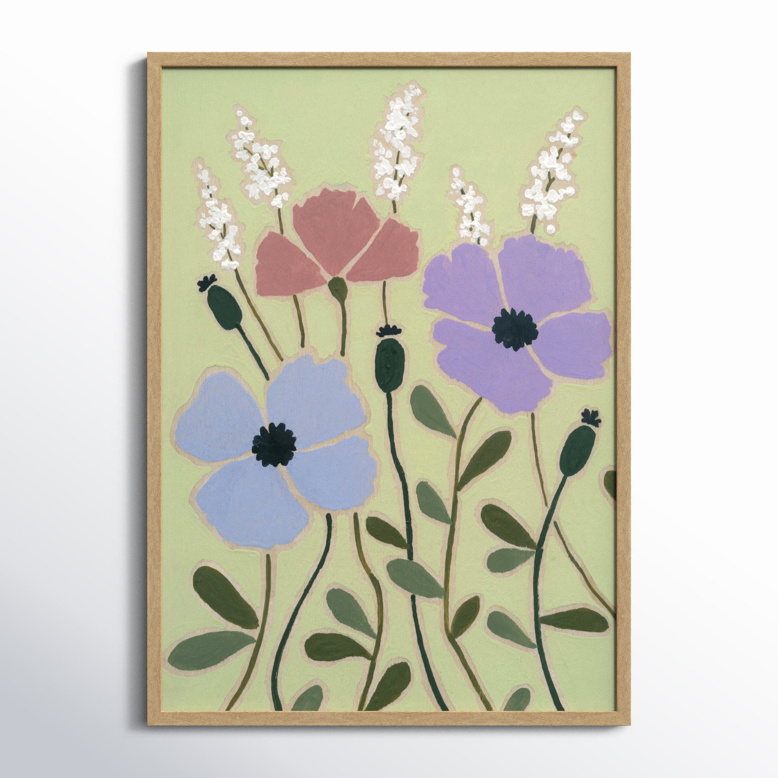 Maura "Woodblock Floral III" Print, 35.5" H x 25.5" W x 1.25" D, Natural Framed