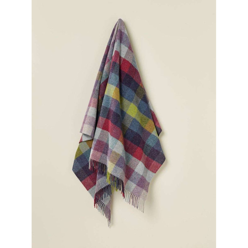 Jeté en laine Shetland, Bleu / vert / gris / mauve géométrique