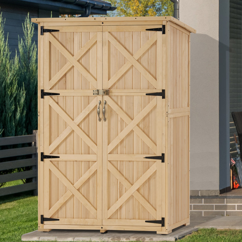 Large Beige Fir Wood Outdoor Storage Cabinet with Shelves