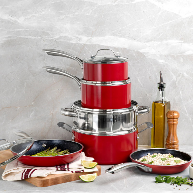 10-Piece Red Nonstick Aluminum Cookware Set with Glass Lids
