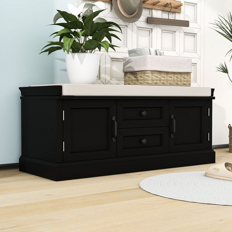 Storage Bench with 2 Drawers, 2 Cabinets and Removable Cushion for Entryway, Black