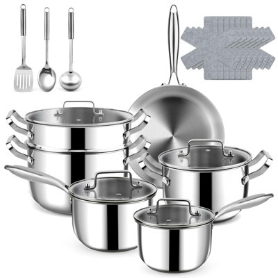 20-Piece Stainless Steel Pots and Pans Set, 3-Ply Induction Hob Non-Stick Cookware, 30cm Frying Pan, 18/20cm Saucepans & 22/26cm Casserole