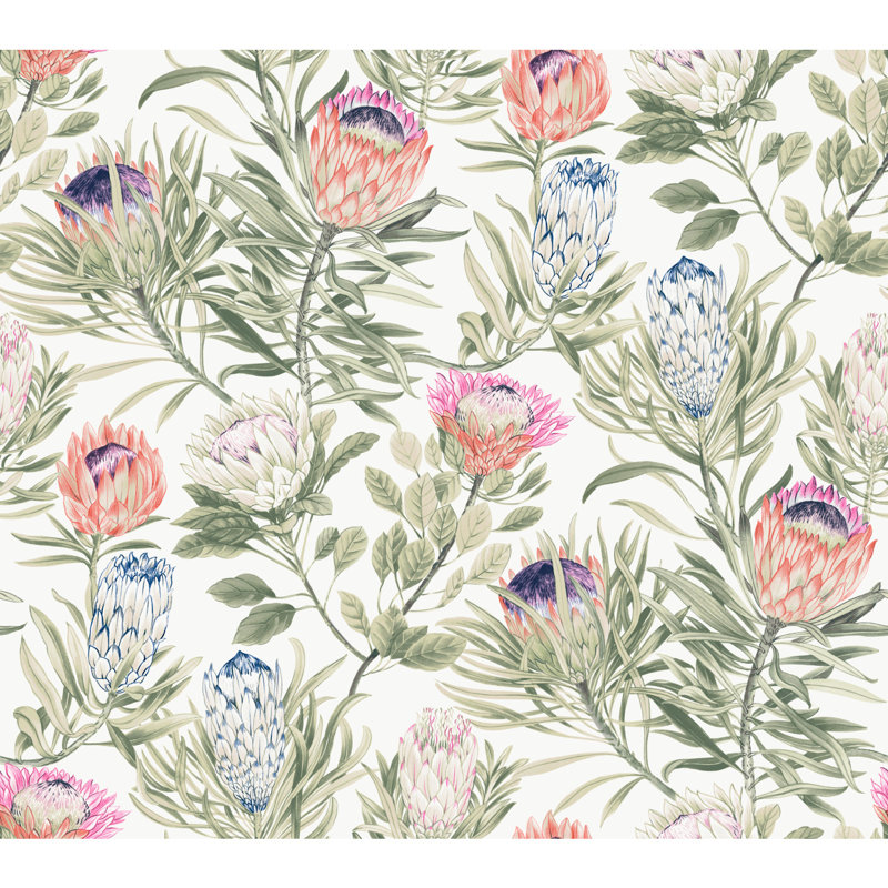Rouleau de papier peint L 27 pi x l 27 po Protea, Blanc / fuchsia