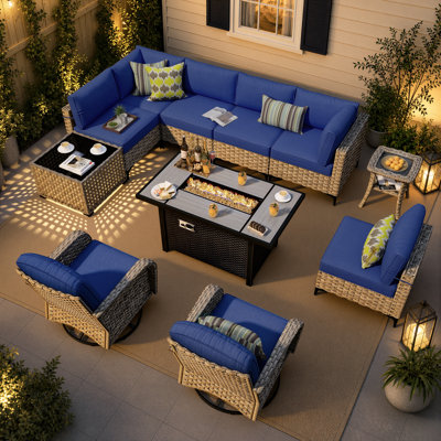 10-piece outdoor wicker patio furniture set with fire pit table, swivel chair and colorful cushions