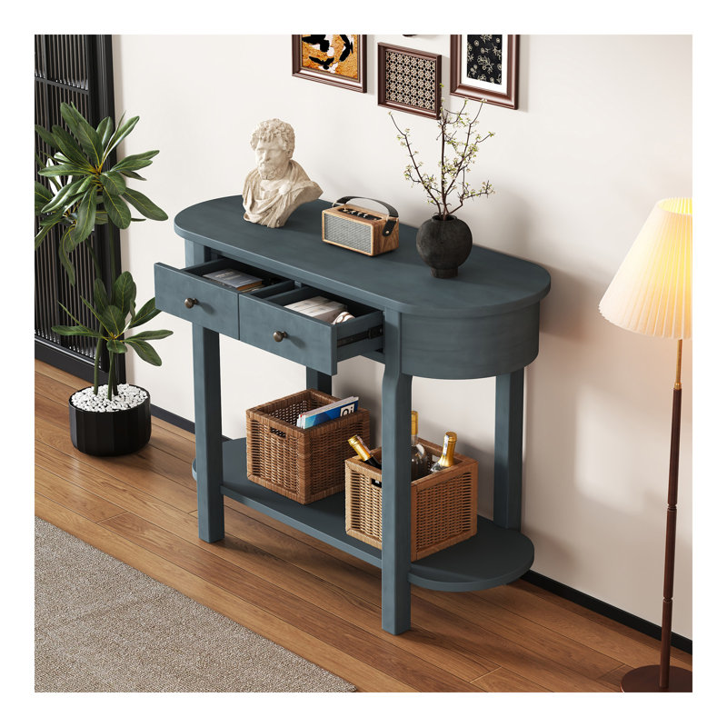 Élégante console rétro avec un design incurvé et un vernis lisse pour les entrées, les salons et les couloirs (bleu marine)