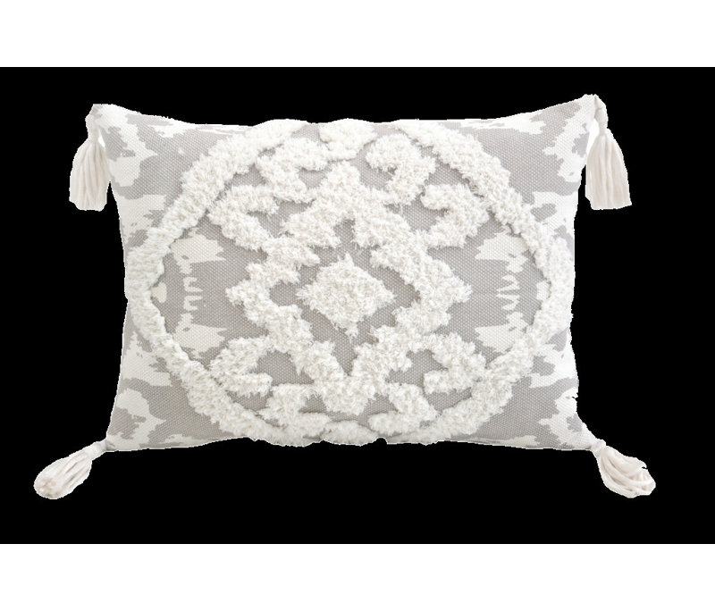 Coussin en coton et en damas avec fermeture à glissière et pompons, H 13 po x l 17 po, Gris / blanc, Rectangle