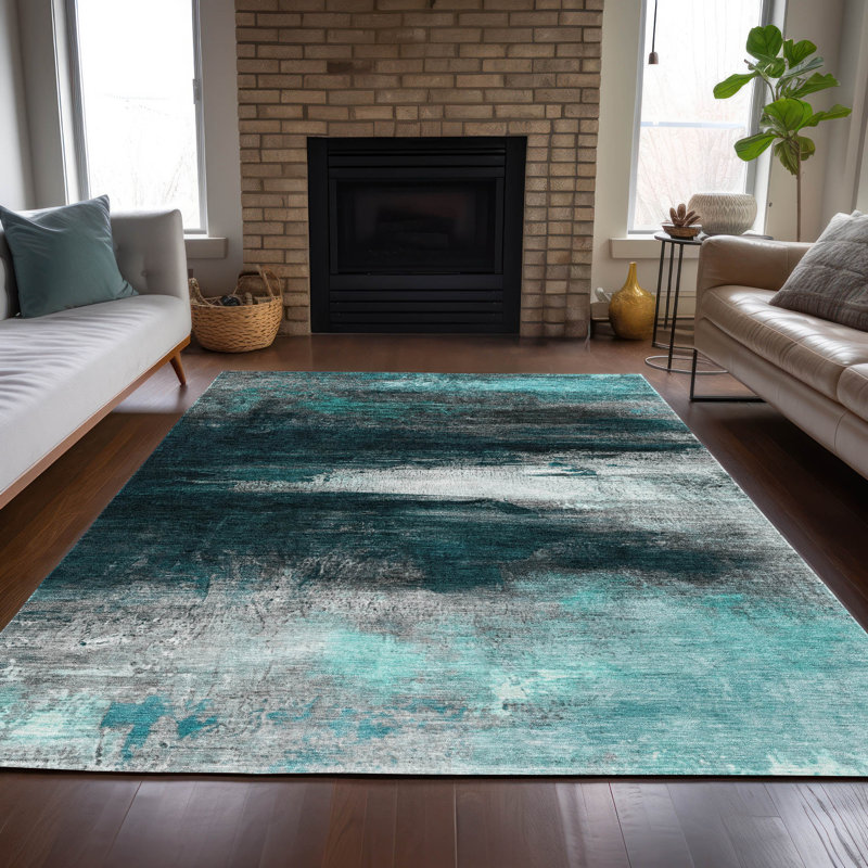 Machine Washable Indoor/Outdoor Xhevrie Teal Rug, Rectangle 2'6" x 3'10"