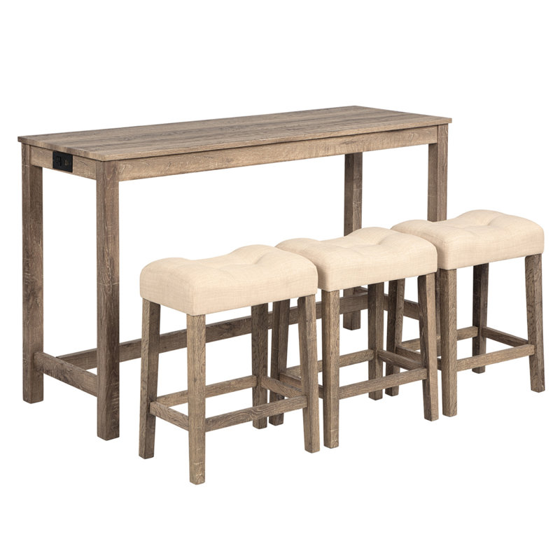 4-Piece Bar Table Set With Power Outlet, Dining Bar Table And Chairs Set,Bar Table Set With 3 Padded Stools For Living Room, Dining Room, Game Room