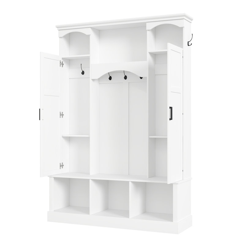 Modern All-in-One Hall Tree with Adjustable Shelves, Classic Arched Farmhouse Storage Bench with Dual Side Cabinets, White