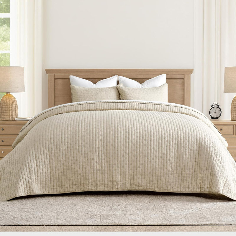Cross Stitch Cotton Quilt set, Flax Beige, Oversized CalKing Quilt+2Oversized Cal King Shams