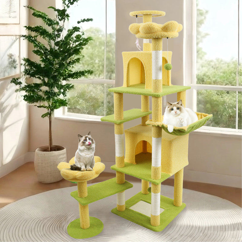 Arbre à chat jaune à motif floral de 180 cm avec coussin fleuri amovible, larges et multiples surfaces à griffer pour que les chats puissent se dépenser. Design haut et enchanteur, idéal pour les chats de très grande taille.