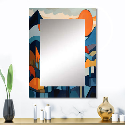 Mid Century Perspectives II - grand miroir mural moderne Mid-Century, miroir unique bleu, impression d'art en métal