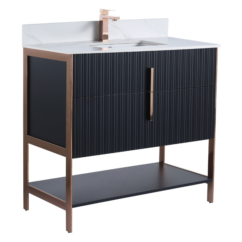 Meuble-lavabo moderne avec plateau en pierre Serenity, Noir mat / or rose, 36", Marbre de Carrare blanc