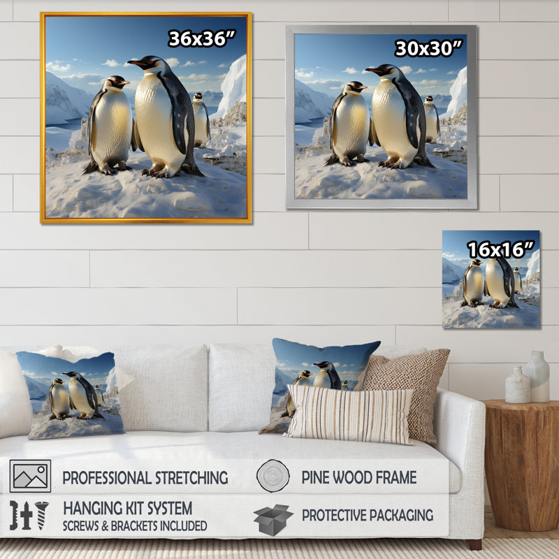 «Playful Snow Wonders Penguins I», reproduction sur toile, Cadre simple blanc, H 36 po x l 36 po x P 1,5 po