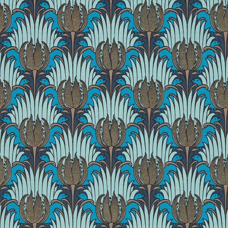 Tulip & Bird Wallpaper, Opal/Seafoam