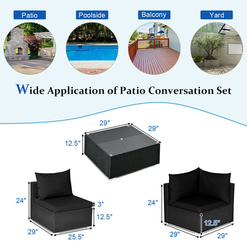 Ensemble de conversation modulaire en rotin 7 pièces avec coussins Finnbar, Noir