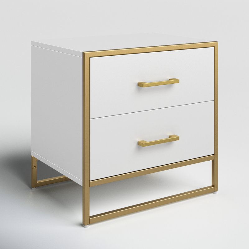 Patchell 19.7"H 2 Drawer Nightstand with Metal Frame, White/Gold