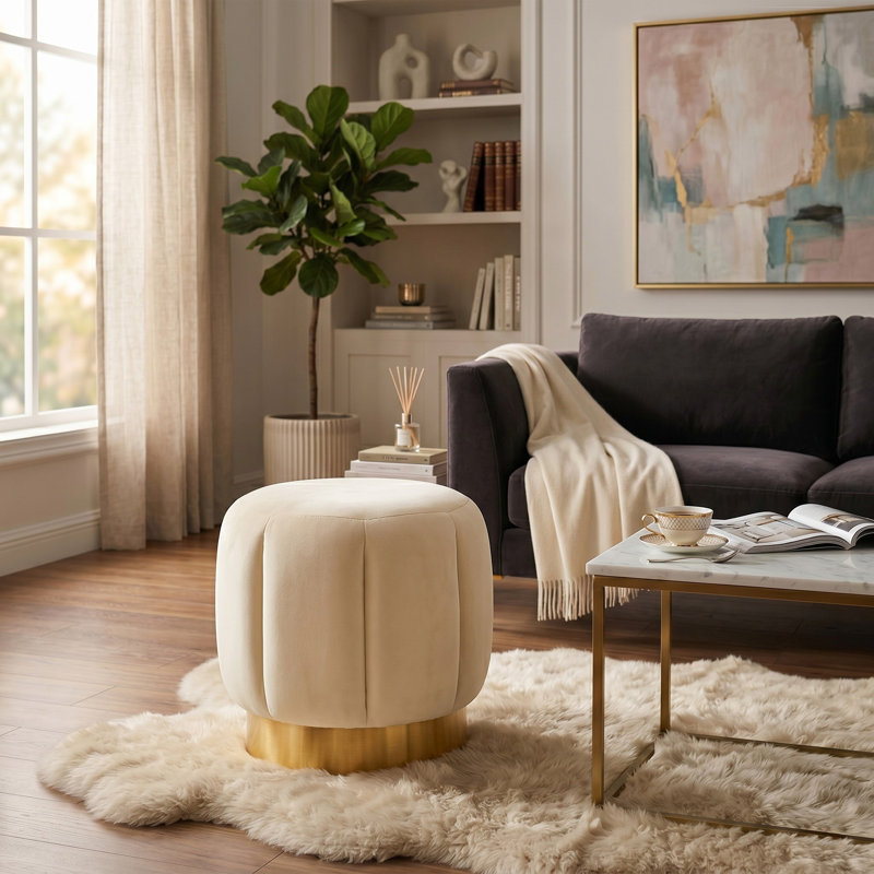 Maxine Round Ottoman, Cream Velvet