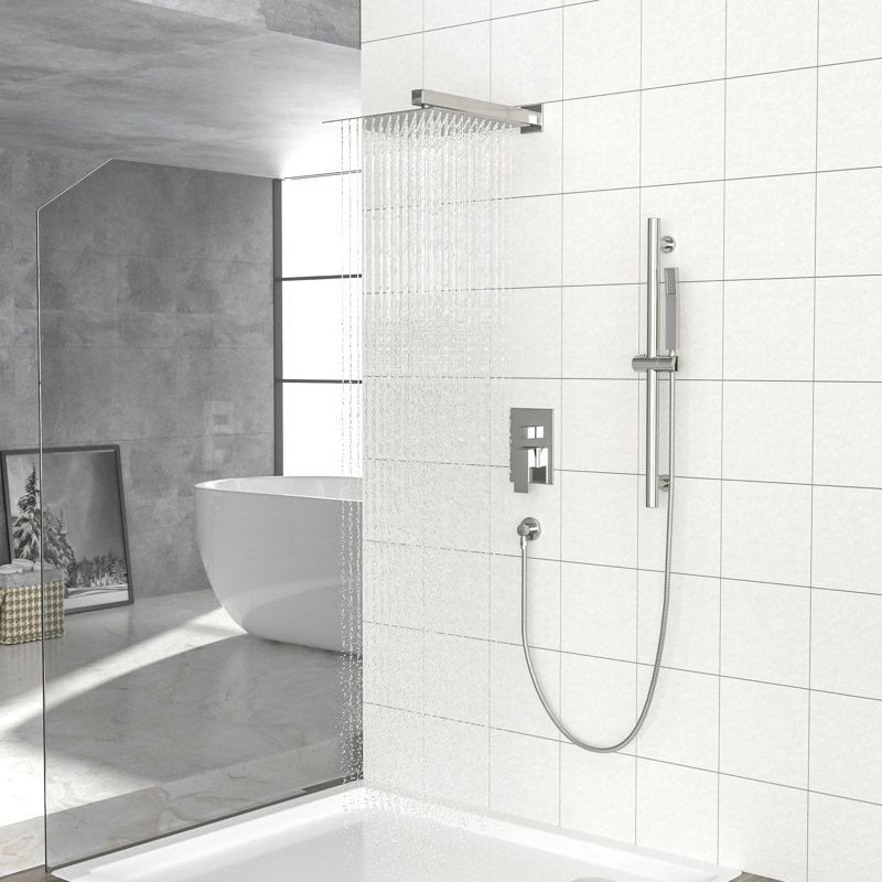 Douche carrée de 10 pouces avec soupape brute, barre coulissante réglable, douche à effet de pluie, douchette à main équilibrée facile à nettoyer, système mural à finition nickel brossé, double fonction 26,18, buse propre,