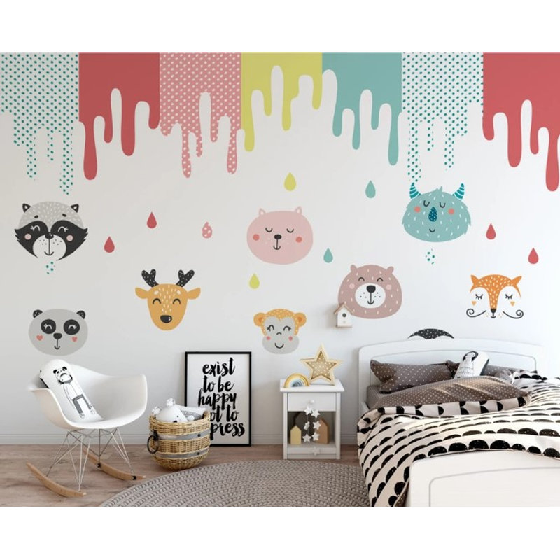 Papier peint amovible à visages d'animaux mignons et à l'aquarelle, L 75 po x l 112 po