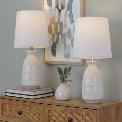20" Contemporary Ceramic Accent Lamp In Off-White Ceramic, Polished Nickel Accents And White Linen Shade From Grandview Gallery By Lumisource - Set Of 2