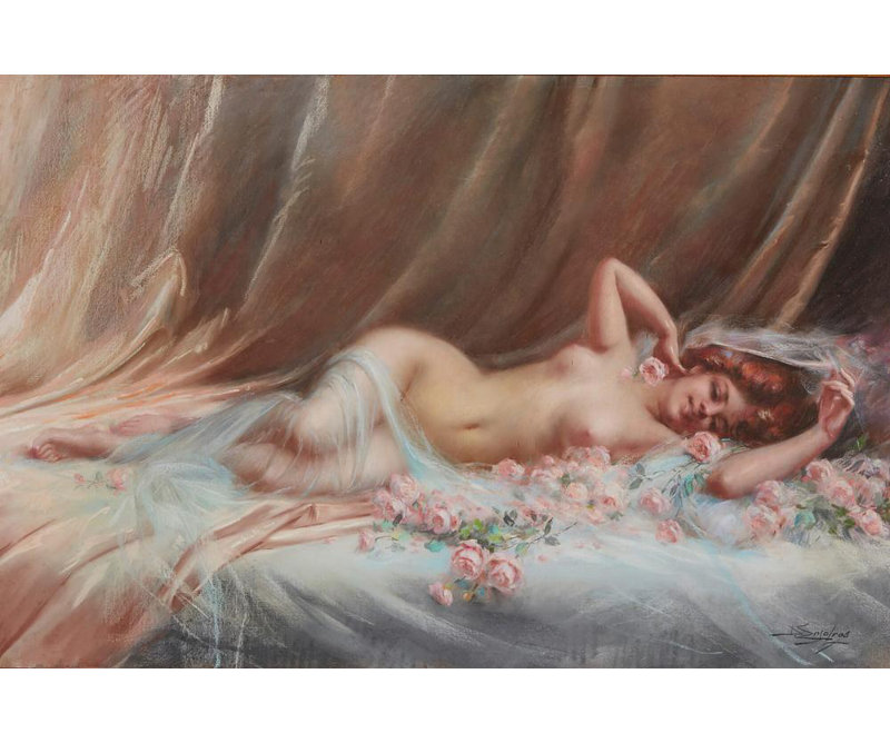 "Nude with Roses" par Delphin Enjolras - Toile tendue avec châssis, H 40 po x l 28 po