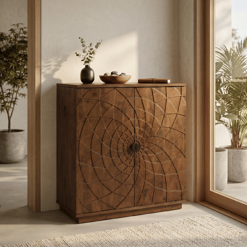Armoire de rangement à 2 portes NTC BLOOM, armoire d'appoint design en bois massif avec portes à motif géométrique sculpté à la main, système de rangement modulaire et extensible pour le salon, noyer foncé