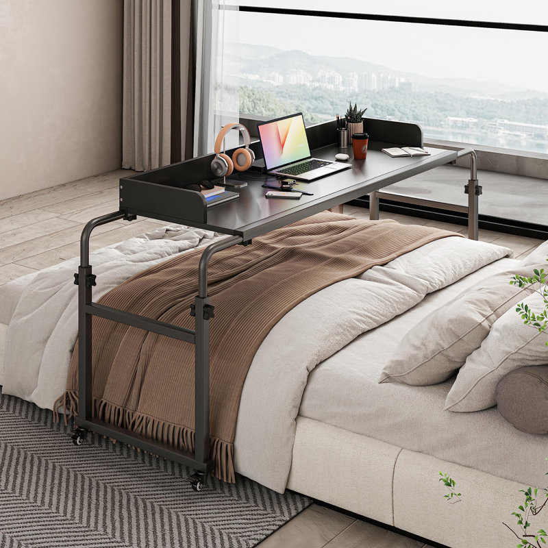 Overbed Table With 360° Wheels, Queen Size Mobile Bed Desk, Recliner Table Over Bed Table Adjustable Height And Length Overbed Table With Heavy Duty Metal Leg For Hospital And Home Use