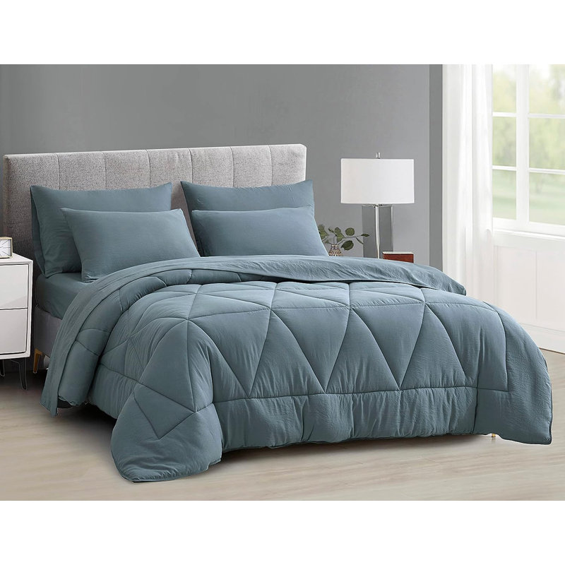 Microfiber Bed in a Bag Comforter Set, Oversized King Comforter + 6 Additional Pieces, Dusty Blue