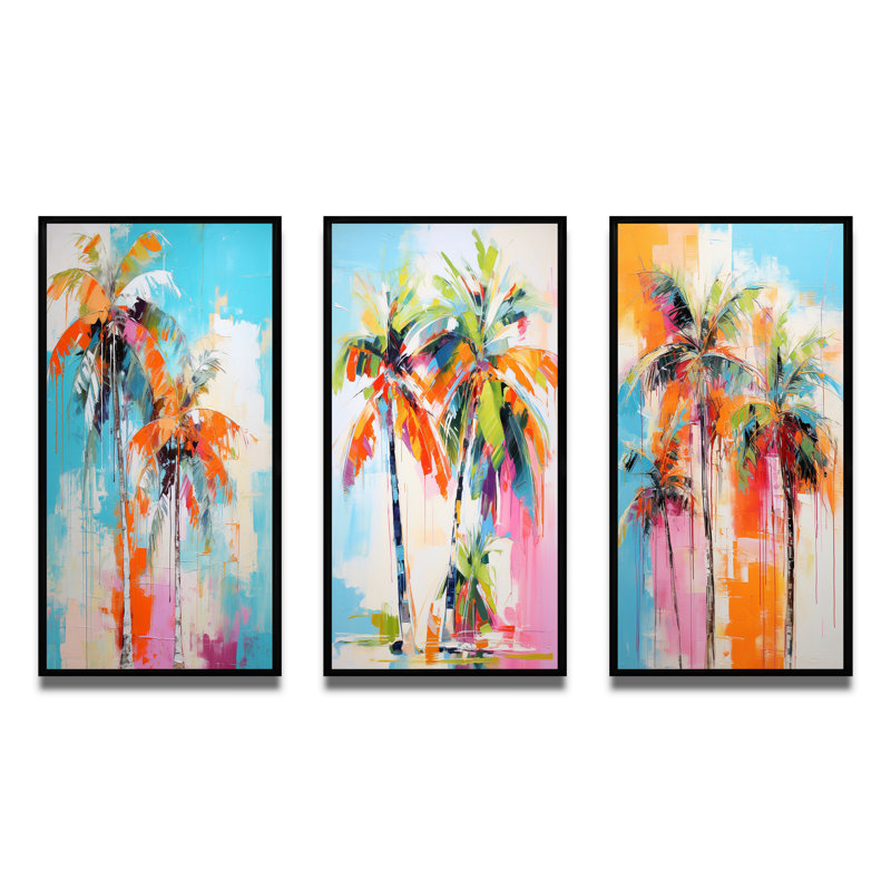 «Palm Trees Palm», 3 pièces sur toile, H 40 po x l 60 po, Cadre flottant noir