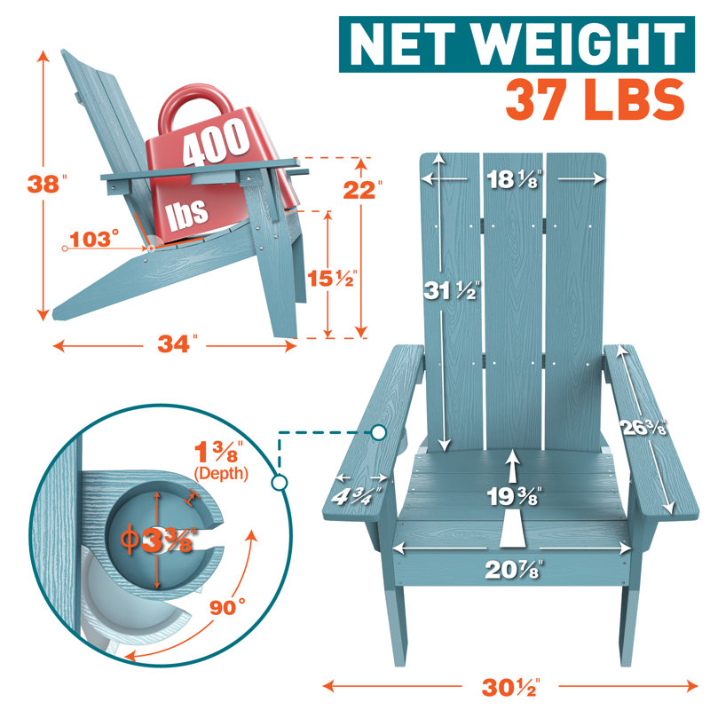 Chaise Adirondack d'extérieur en plastique, Bleu