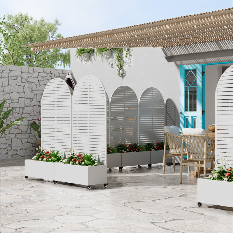 Arch Metal Planter Box with Trellis with Wheels, 72" H x 35" W x 16" D, White