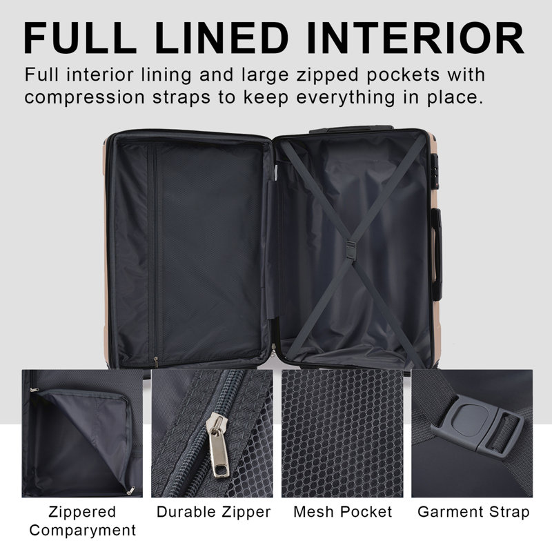Valise rigide, valises durables en ABS léger avec roues doubles, bagage de voyage à carreaux extensible de 24 pouces (noir)