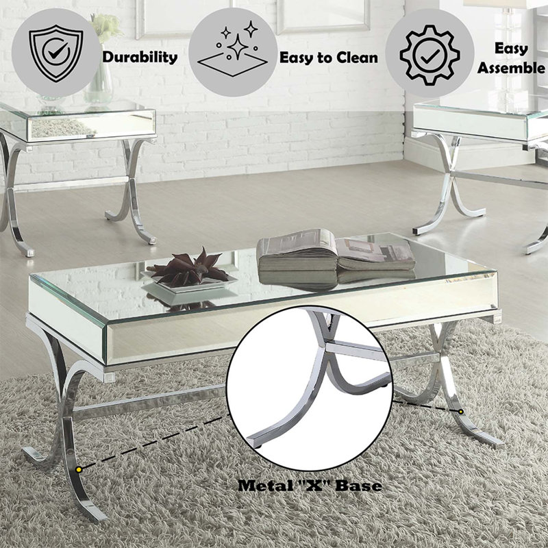 Table rectangulaire Yuri (sans rangement), miroir et finition chromée