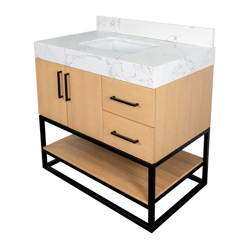 Meuble-lavabo simple 36 po avec plateau en pierre reconstituée Kaysha, Blond